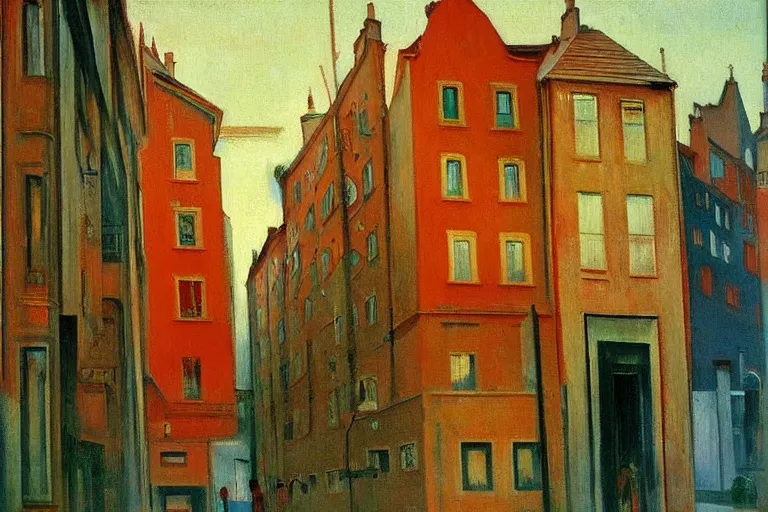 Image similar to unique shops, apartment towers, and cute townhouses along a city street, oil painting by edvard munch, stanislaw beksinski