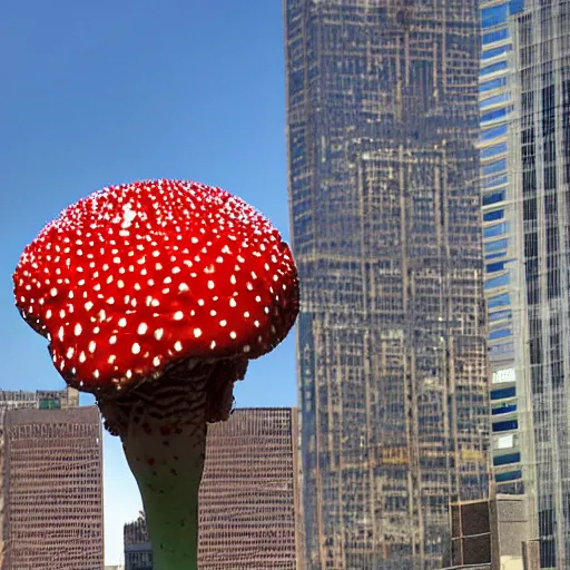 Prompt: a giant amanita muscaria in the New York skyline