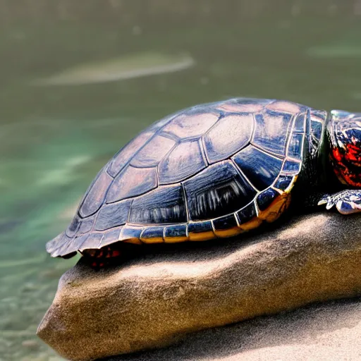 Prompt: red eared slider turtle basking on top of a stone, Cinematic shot, natural lighting, Ray tracing reflection,