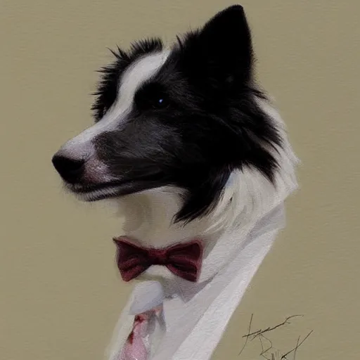 Prompt: a portrait of a cute male anthro border collie fursona wearing a suit. by henry asencio, jon foster, and ross tran. detailed, furry, glamor pose, aesthetic, beautiful, trending on artstation