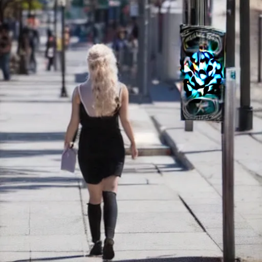 Image similar to a long shot paparazzi photographic of daenerys targaryen walking downtown vancouver, british columbia drinking starbucks, mid day lighting, candid street photography