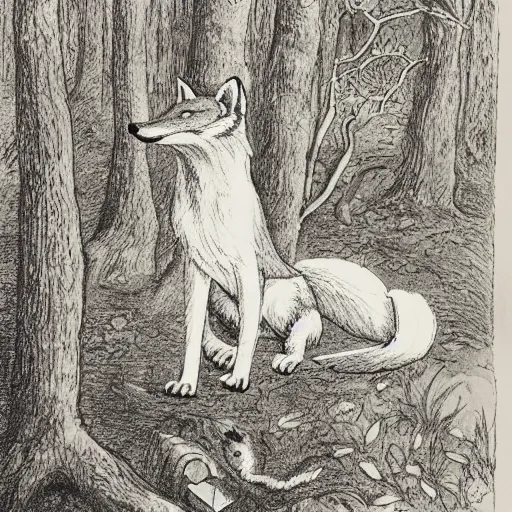 Image similar to candid portrait of clever fox in the forest, night sky, highly detailed, side view, illustrated by peggy fortnum and beatrix potter and sir john tenniel