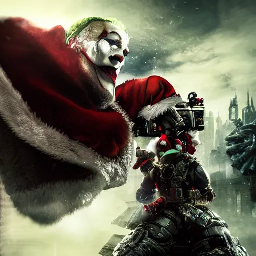 Prompt: the joker as santaclaus!! in gears of war, splash art, warzone, dystopian, movie still, cinematic lighting, dramatic, octane render, long lens, shallow depth of field, bokeh, anamorphic lens flare, 8 k, hyper detailed, 3 5 mm film grain