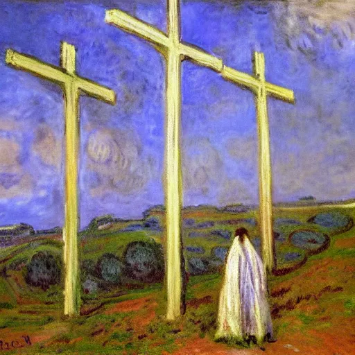 Image similar to painting of three empty 1st century crucifixion crosses on calvary hill, miraculous cloudy backdrop, by Monet, wallpaper, hd