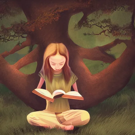 Prompt: A girl sitting in a tree reading a book, peaceful, serene, calming, digital painting, illustration, concept art, artstation, 4k, by Jeszika Le Vye