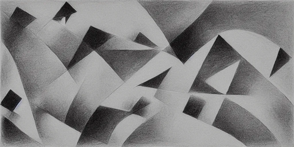 Prompt: minimalist detailed charcoal drawing on high quality paper, geometric shapes, matte, in style of Kazimir Malevich