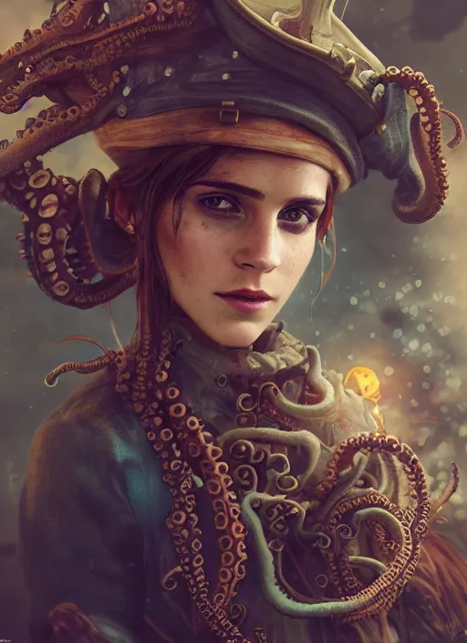 Image similar to underwater steampunk pirate portrait of emma watson, red hair, octopus, hyper detailed, digital art, cinematic lighting, studio quality, smooth render, unreal engine 5, octane rendered, art style by klimt and nixeu and ian sprigger and wlop and krenz cushart.