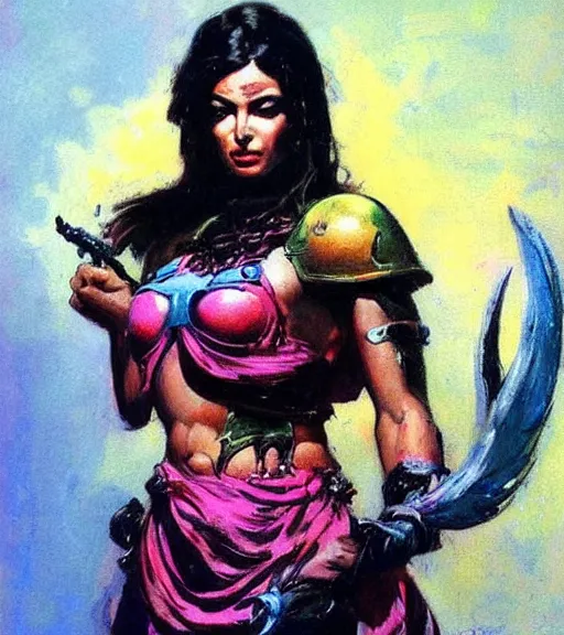 Image similar to portrait of strong iranian female chaos angel, beautiful! coherent! by frank frazetta, by brom, strong line, vivid neon color, shining metal power armor, iron helm, high contrast, maximalist