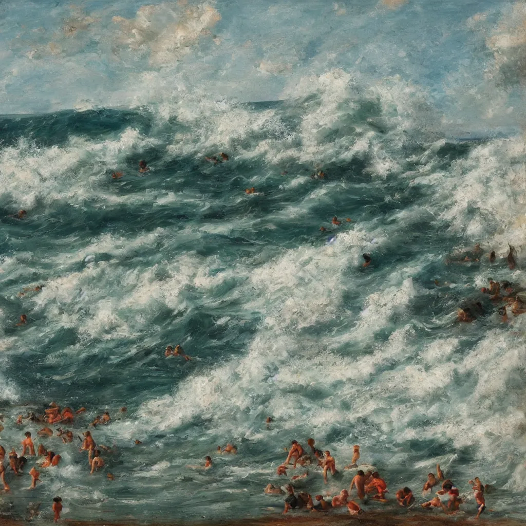 Image similar to italian beach scene with large waves crashing down, people swimming, the water and waves and sea foam painted in very thick impasto