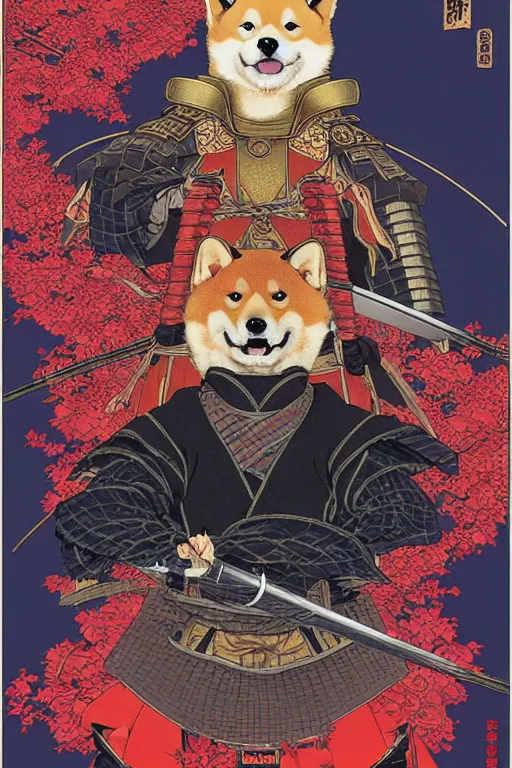 Image similar to poster of a shiba inu as a samurai, by yoichi hatakenaka, masamune shirow, josan gonzales and dan mumford, ayami kojima, takato yamamoto, barclay shaw, karol bak, yukito kishiro