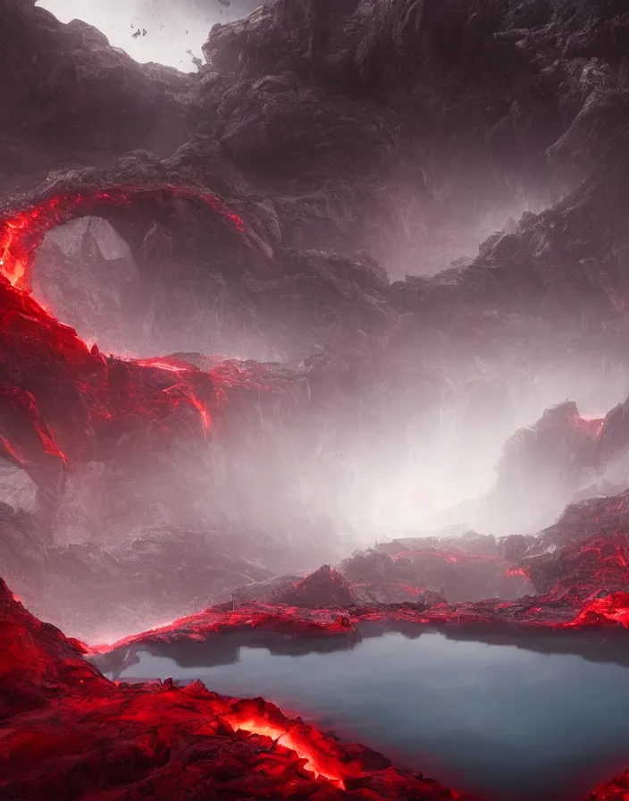 Image similar to infinity pool in hell. intricate artwork by artstation. halo. octane render, cinematic, hyper realism, octane render, 8k, depth of field, bokeh, demonic, dark, devil, demons, mist, red illuminating fog, rocks, red and black colour scheme.