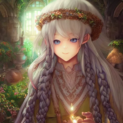 Prompt: happy elven flower seller in a dungeon, intricate braided hair, silver hair band, short and plump body, zzlzzzp, manga panel by kosuke kurose, soft lighting, highly detailed face, cozy atmosphere, sharp focus, artstation, secret of mana, sophie anderson, arnold armitage, loish