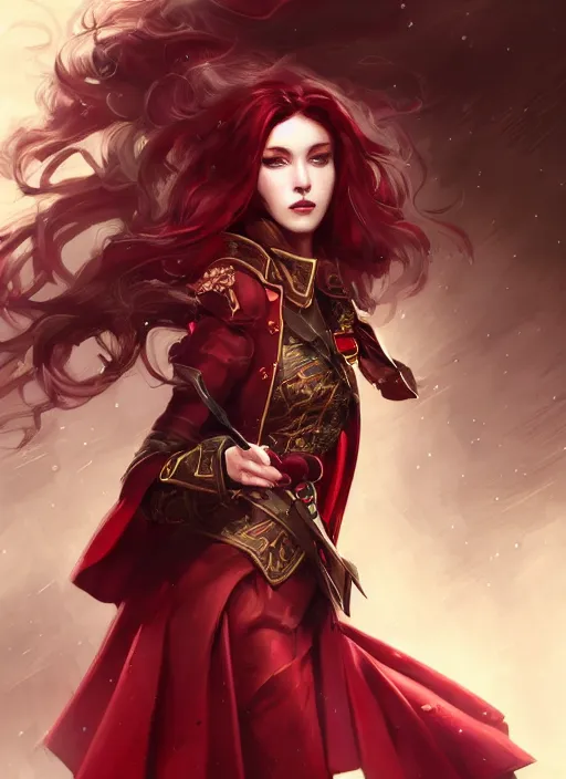 Image similar to a highly detailed illustration of beautiful long dark red haired woman wearing wine red epaulette uniform and coat cape, dramatic wielding strings pose, intricate, elegant, highly detailed, centered, digital painting, artstation, concept art, smooth, sharp focus, league of legends concept art, wlop