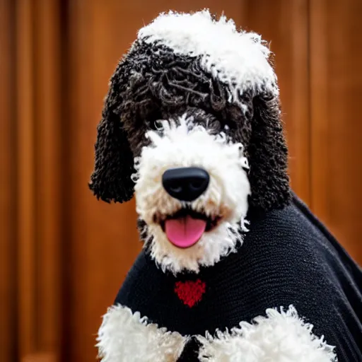 Image similar to a closeup photorealistic photograph of a cute smiling knitted bernedoodle judge dog dressed in a black gown, presiding over the courthouse. indoors, professional capture, well lit shot. this 4 k hd image is trending on artstation, featured on behance, well - rendered, extra crisp, features intricate detail, epic composition and the style of unreal engine.