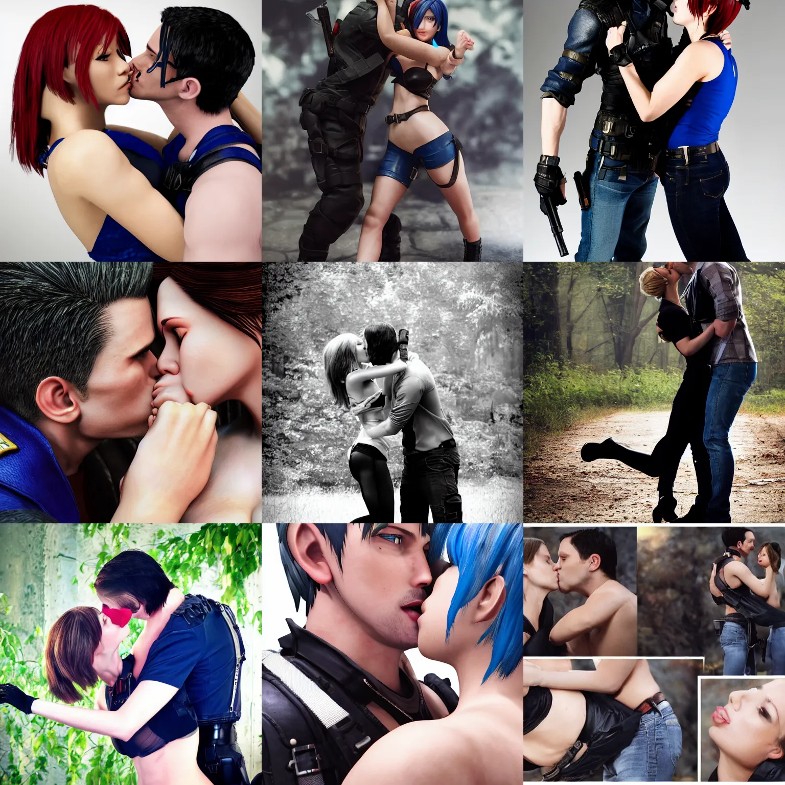 Prompt: jill valentine kissing leon, photoshoot