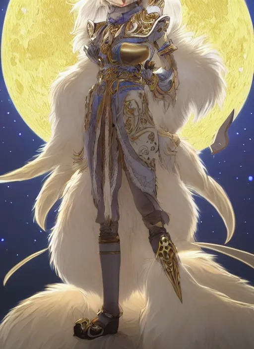 Image similar to commissioned full body portrait of a female anthro wolf princess fursona with a furry wolf head and white hair wearing a white and gold Japanese armored dress in a white and gold palace on a starry night with a large crescent moon, by a professional manga illustrator, Stanley Artgerm Lau, WLOP, Rossdraws, James Jean, Andrei Riabovitchev, Marc Simonetti, and Sakimichan, trending on artstation