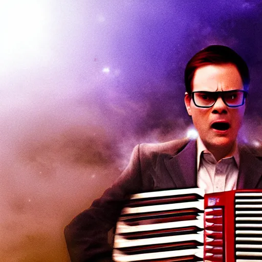 Prompt: dwight schrute playing the accordion aggressively and yelling, dramatic scene, volumetric blue fog, red lightning, ultra wide angle, movie still, photorealistic, stranger things, netflix, upside - down, colorful lighting, grainy, aerial shot, shot from above, movie still