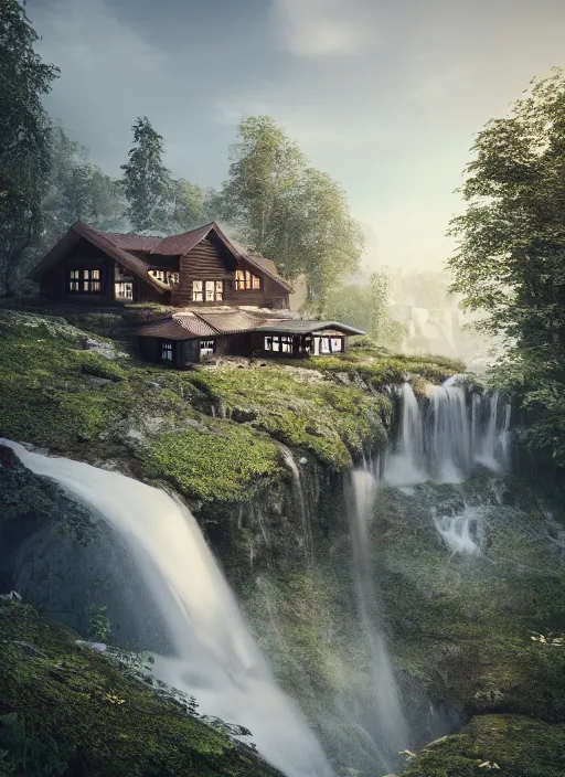 Prompt: beautiful large scandinavian house in the forest on a hill, a large waterfall flows down from the mountain in the background, octane render, fabulous, hyper detailed, random cinematic view, no noise, global illumination, warm lighting, volumetric, godrays, vivid, by jordan grimmer