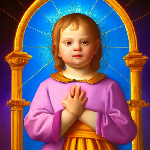 Prompt: Renaissance portrait of a holy catholic baby, trending on art station, 4k UHD, 8k, painting illustration, realistic volumetric lighting, rendered in unreal engine, high detail, photorealistic, Lisa frank