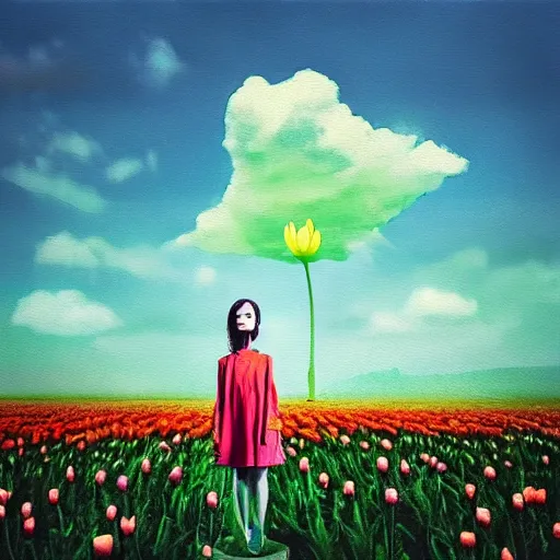 Image similar to girl with a single giant tulip as a head, surreal photography, flower field, sunset dramatic light, impressionist painting, colorful clouds, blue sky, digital painting, artstation, simon stalenhag