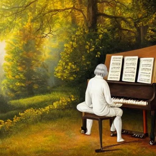 Image similar to ultra realistic painting of bach sitting on a piano inside of a forest, thick brush strokes, visible paint layers, taken from the back of bach.