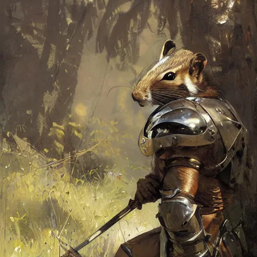 Image similar to portrait of warrior chipmunk, shiny armor, by jeremy mann, anders zorn, greg rutkowski.