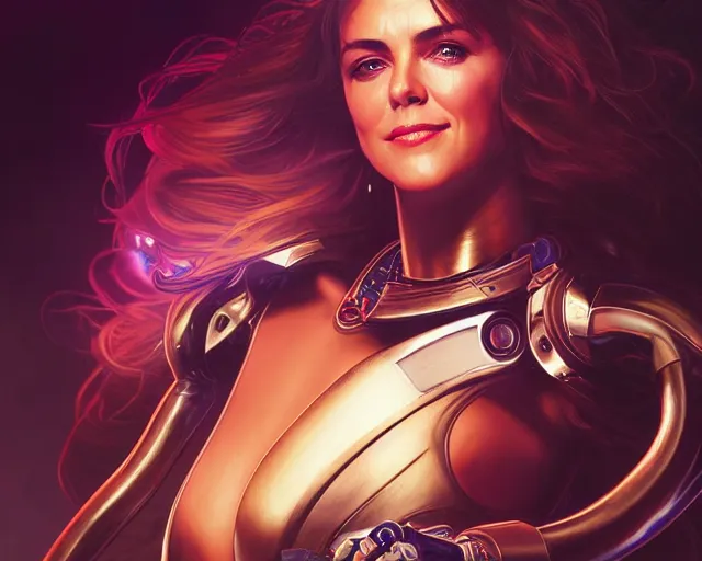 Image similar to young elizabeth hurley as a gorgeous but deadly cyborg terminator, photography of kurzgesagt, deep focus, d & d, fantasy, intricate, elegant, highly detailed, digital painting, artstation, concept art, matte, sharp focus, illustration, hearthstone, art by artgerm and greg rutkowski and alphonse mucha
