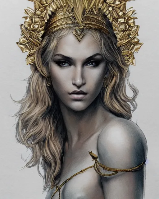 Prompt: tattoo design sketch of hot blonde super model as aphrodite greek goddess wearing a gold laurel wreath and triangle earrings, beautiful piercing gaze with sharp pupils, in the style of greg rutkowski, fantasy, amazing detail, epic, elegant, smooth, sharp focus, front view