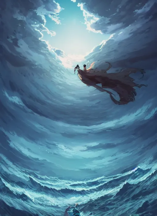 Prompt: An epic fantastic atmospheric comic book style painting of a ancient godnesses battling over the sea, fisheye lens, Makoto Shinkai, Ghibli, atmospheric, concept art, saturation 8，DAZ, dynamic lighting