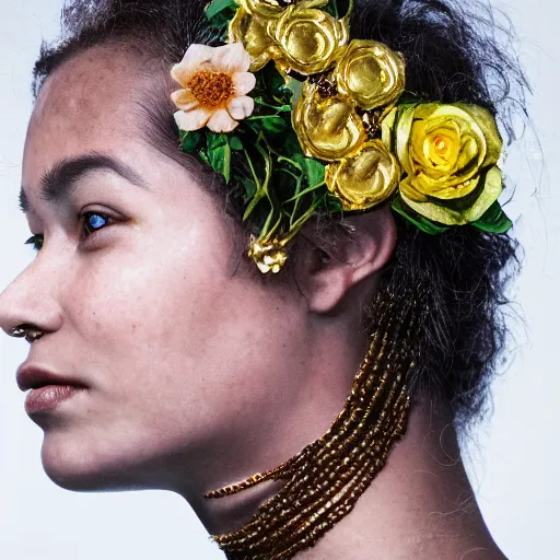 Prompt: close up portrait of a sairose Ronan cyborg with golden jewellery and flowers growing out of its head, photograph