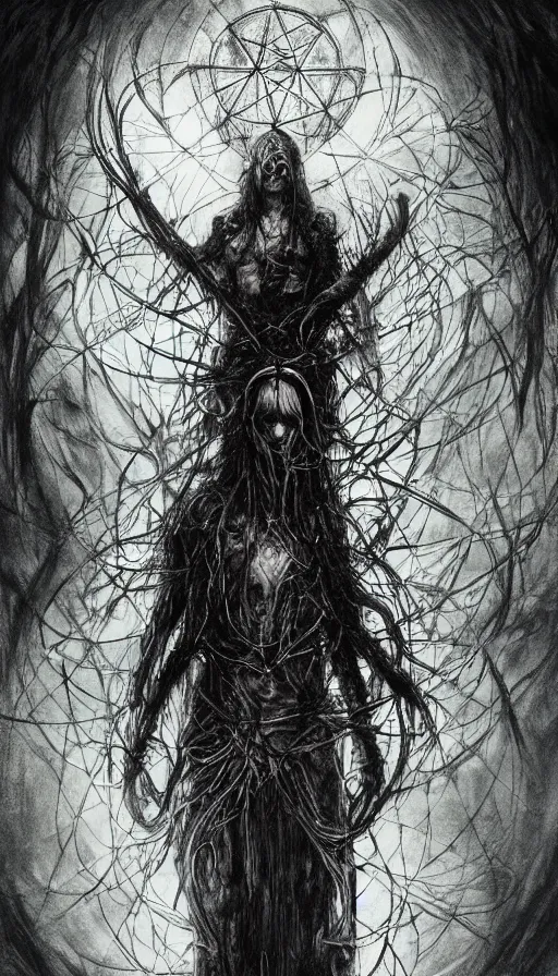 Prompt: Elden Ring, pentagram prayer chaos prophet portrait themed tarot card, the dark post-apocalyptic vampire intricate artwork by Artgerm, Johnatan Wayshak, Zdizslaw Beksinski, Darius Zawadzki, H.R. Giger, Takato Yamamoto, masterpiece, very coherent artwork, cinematic, high detail, octane render, unreal engine, 8k, High contrast, golden ratio, trending on cgsociety, ultra high quality model, production quality cinema model in the style of Midjourney, highly detailed and intricate artwork, masterpiece, majestic, ephemeral, cinematic lighting, vivid and vibrant colors, iconic movie poster character production art concept, haunting, horror, gothic fog ambience, crimson fire palette, Artstation trending, unreal engine, octane render