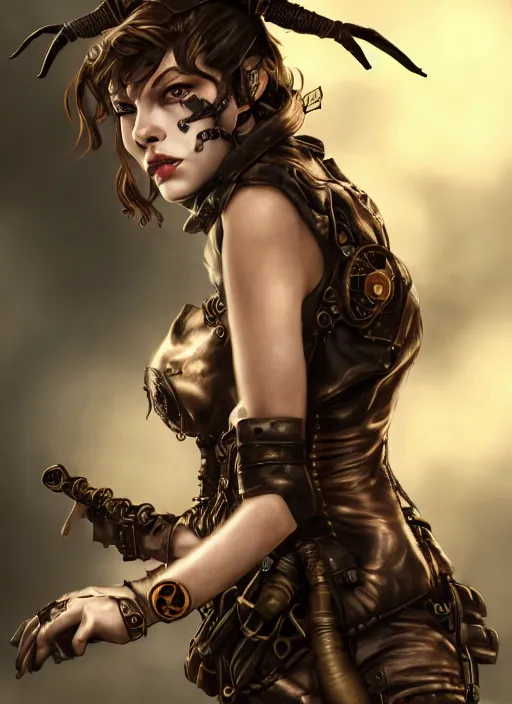 Prompt: Young Milla Jovovich as a steampunk warrior, grungy, glowing eyes, , Photo realistic, radiant skin, perfect face, intricate, Promotion still, Trending on Artstation