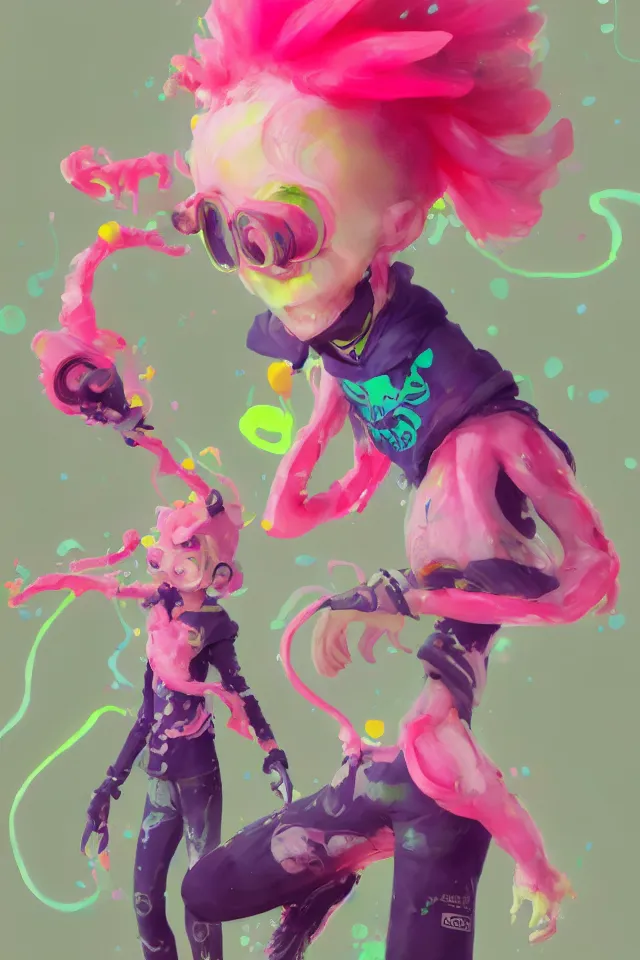 Prompt: a beautiful fullbody portrait of a cute happy splatoon boy with pink hair and green eyes wearing sports clothing tight leggings. character design by cory loftis, fenghua zhong, ryohei hase, ismail inceoglu and ruan jia. artstation, volumetric light, detailed, photorealistic, fantasy, rendered in octane