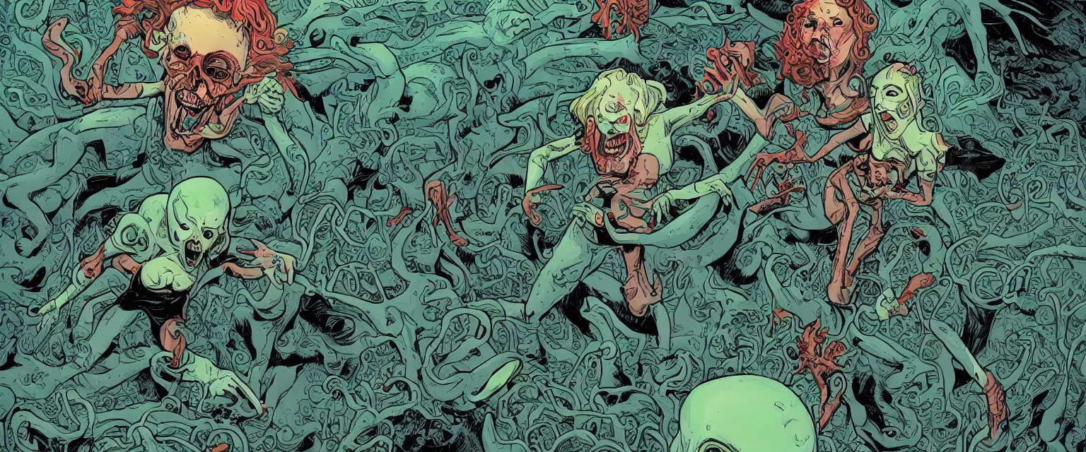 Image similar to woman screaming nightmare alien invasion attacking earth the end of the world, story illustration art green colors by james jean