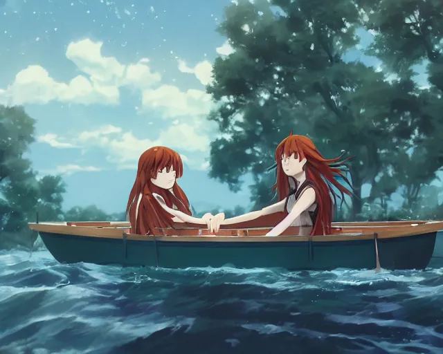 Image similar to one boy and one girl with long flowing auburn hair sitting together in a one single boat. Atmospheric lighting, long shot, romantic, boy and girl are the focus, trees, blue water. Anime. By Makoto Shinkai, Stanley Artgerm Lau, WLOP, Rossdraws, James Jean, Andrei Riabovitchev, Marc Simonetti, krenz cushart, Sakimichan, D&D trending on ArtStation, digital art.