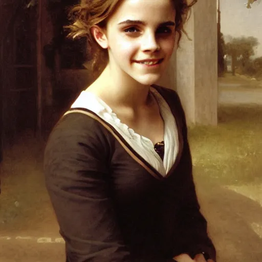 Image similar to painting of emma watson as hermione granger. smiling. happy. cheerful. art by william adolphe bouguereau. extremely detailed. beautiful. 8 k. award winning.