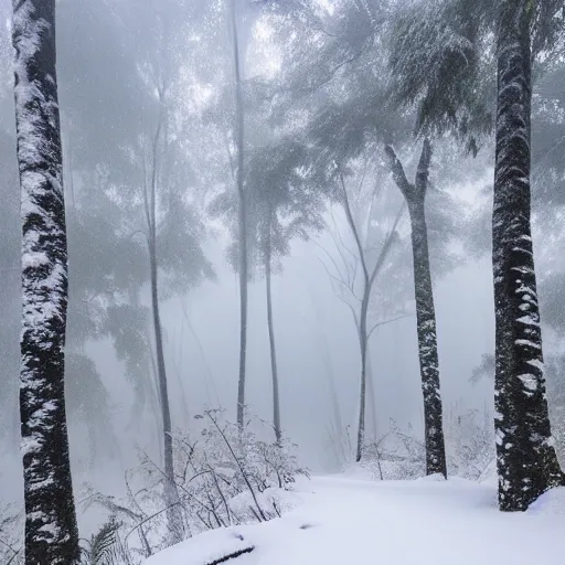Image similar to snow covered rainforest, foggy, dense, HD,
