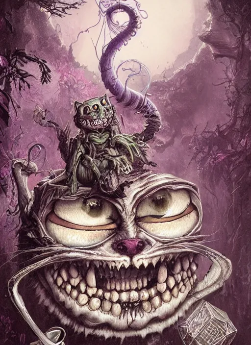 Prompt: Cheshire Cat drinking tea, Death Tarot card,highly detailed,half skull face,cinematic,8k,by Stanley Artgermm,Tom Bagshaw,Greg Rutkowski,Carne Griffiths, Ayami Kojima, Beksinski, Giger,trending on DeviantArt,hyper detailed,horror, full of colour