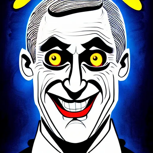 Image similar to bright demonic glowing eyes, digital illustration of secretary of denis mcdonough face, cover art of graphic novel, evil laugh, menacing, Machiavellian puppetmaster, villain, clean lines, clean ink