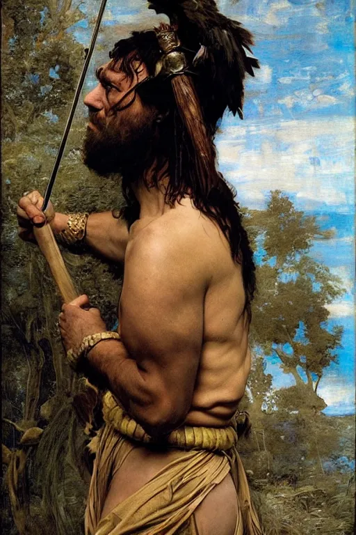 Prompt: clive owen as a barbarian king of feathers, god of the wild, silk dress by edgar maxence and caravaggio and michael whelan and delacroix