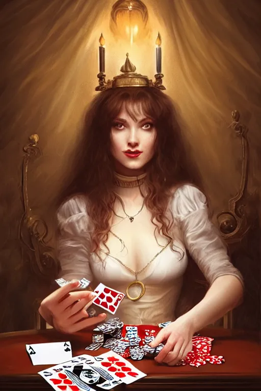 Image similar to very happy female magician looking the table full of playing cards, fantasy, intricate, elegant, highly detailed, digital painting, artstation, concept art, addiction, chains, smooth, sharp focus, illustration, art by ilja repin