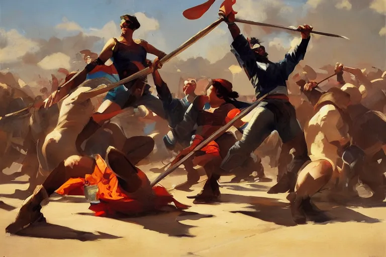 Image similar to greg manchess painting of people in an arena falling over swords, profile picture, organic painting, sunny day, matte painting, bold shapes, hard edges, street art, trending on artstation, by huang guangjian, gil elvgren, ruan jia, randy vargas, greg rutkowski