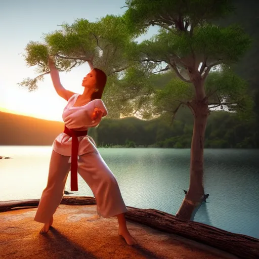 Prompt: A gorgeous woman doing karate moves in a white dress on a fallen tree at sunset, next to a lake with the reflection of her soul in it. Epic unreal Photorealistic render 8k