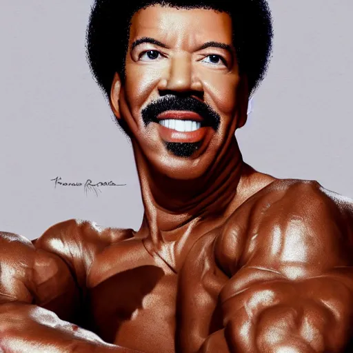 Prompt: Lionel richie with the physique of a body builder, hyper realistic, ultra detailed, cinematic, dynamic lighting, photorealistic, refined, intricate, digital art, digital painting, masterpiece, 8k