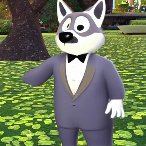 Image similar to a wolf as a gentleman wearing tuxedo on the pixar biome, smooth, intricate reflections, cinematic