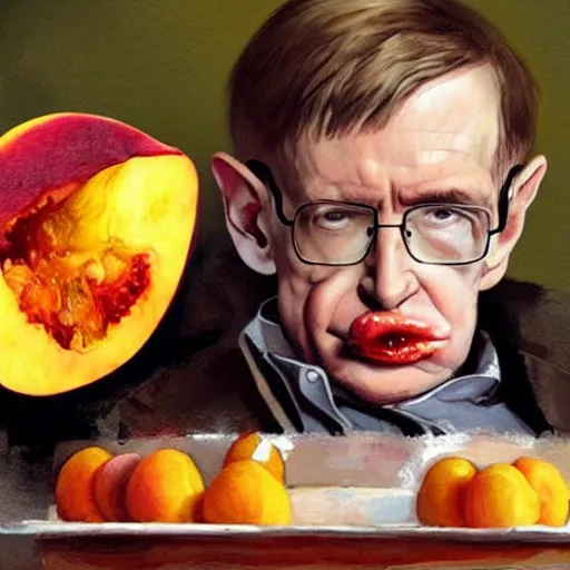 Prompt: stephen hawking eating a peach delicious food art greg rutkowski james gurney