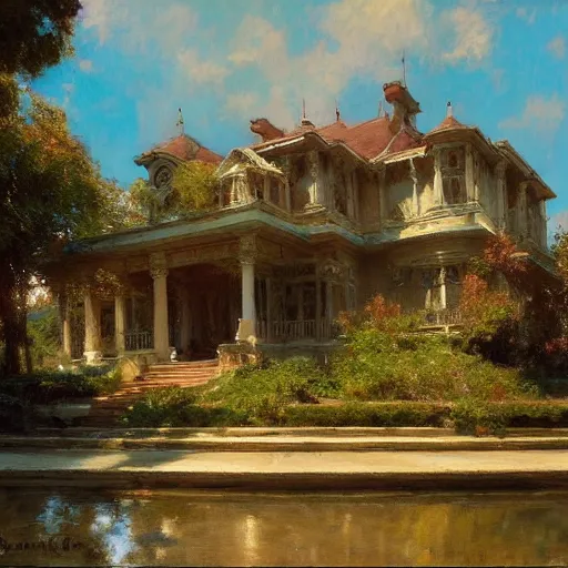 Image similar to detailed cinematic wide shot of mansion, ultra realistic, spring light, painting by gaston bussiere, craig mullins, j. c. leyendecker