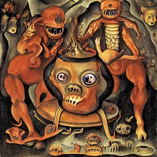Image similar to monsters consumed transformed transmutation in a fiery alchemical cauldron, painted by bosch hell creatures