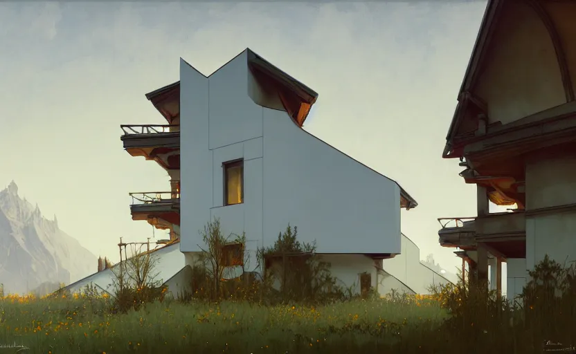 Image similar to painting of a wide angle exterior shot of a white modern architecture with cinematic lighting by peter zumthor, darek zabrocki and greg ruthkowski, alphonse mucha, simon stalenhag and cinematic and blue cold atmospheric, archillect concept art, artstation, trending on artstation