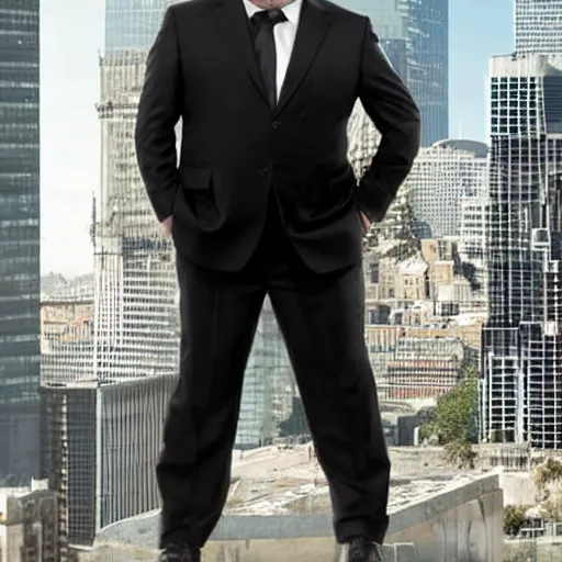 Image similar to Clean-shaven Jon Favreau as Happy Hogan wearing a black suit and black necktie and black dress shoes is climbing up a tall building in an urban city.